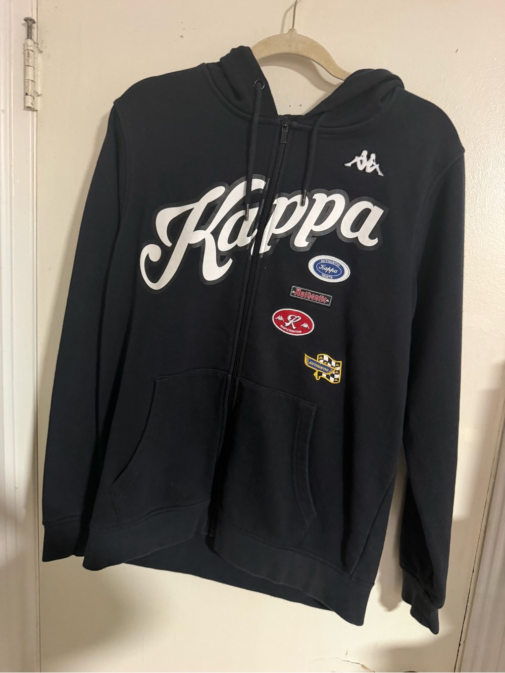 Kappa Black Zip-Up Hoodie with White Script & Patches - Men's
